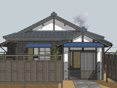 Japanese Style Detached Villa With Tile Roof Wooden Structure Porch And Green Plants 3d model