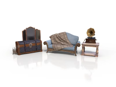 Vintage Living Room Interior With Retro Sofa Gramophone And Wooden Chest 3d model