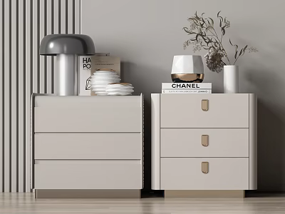 Modern Minimalist Light Colored Nightstands with Drawer Storage Table Lamp Books Vase and Dried Flowers 3d model
