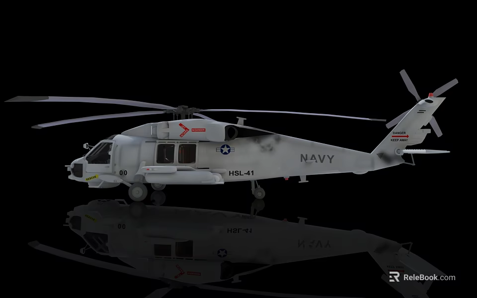 US Navy HSL-41 Helicopter White with American Flag and Reflection on Black Background 3d model 
