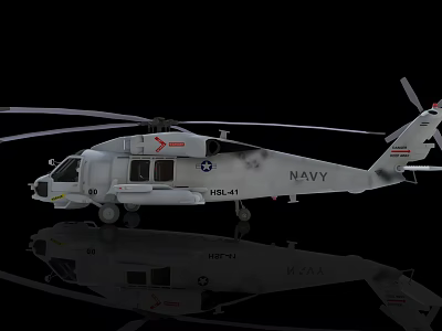 US Navy HSL-41 Helicopter White with American Flag and Reflection on Black Background 3d model