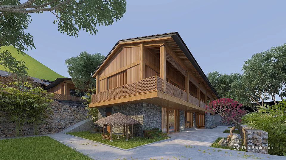 Traditional Architecture With Wooden Structure Two Story Design And Greenery Pavilion Stone Wall 3d model 