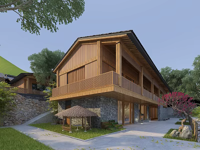 Traditional Architecture With Wooden Structure Two Story Design And Greenery Pavilion Stone Wall 3d model