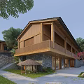 Traditional Architecture With Wooden Structure Two Story Design And Greenery Pavilion Stone Wall