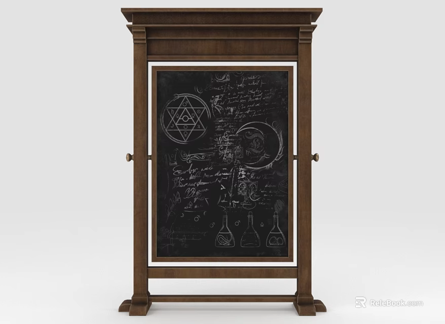 Wooden Frame Chalkboard Wall Hanging With Hexagram Moon Design And Hand Drawn Flasks 3d model 
