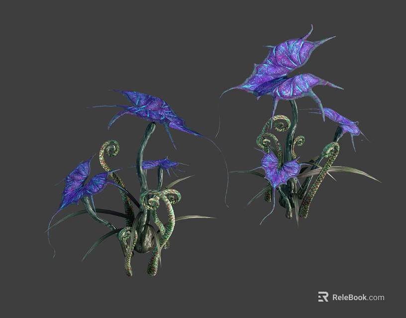 Purple Fantasy Flowers With Green Curled Stems And Large Petals Design 3d model 