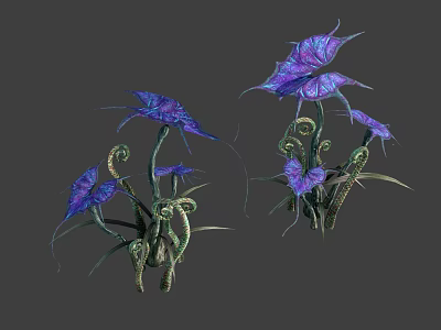 Purple Fantasy Flowers With Green Curled Stems And Large Petals Design 3d model