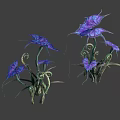 Purple Fantasy Flowers With Green Curled Stems And Large Petals Design