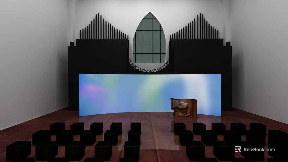 Religious Faith Gathering Space Featuring Church Interior Stained Glass Organ Pipes And Seats 3d model 