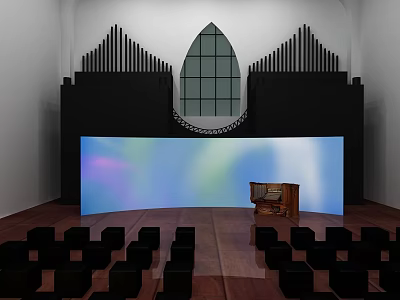 Religious Faith Gathering Space Featuring Church Interior Stained Glass Organ Pipes And Seats 3d model