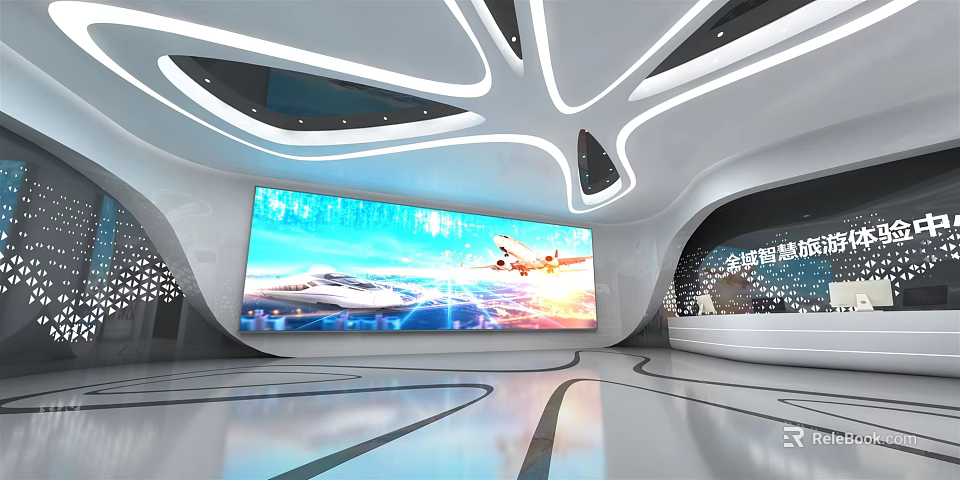 Modern Exhibition Hall with Large Display Screen Showing Airplane And Sky And Streamlined Ceiling 3d model 