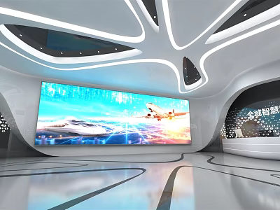Modern Exhibition Hall with Large Display Screen Showing Airplane And Sky And Streamlined Ceiling 3d model