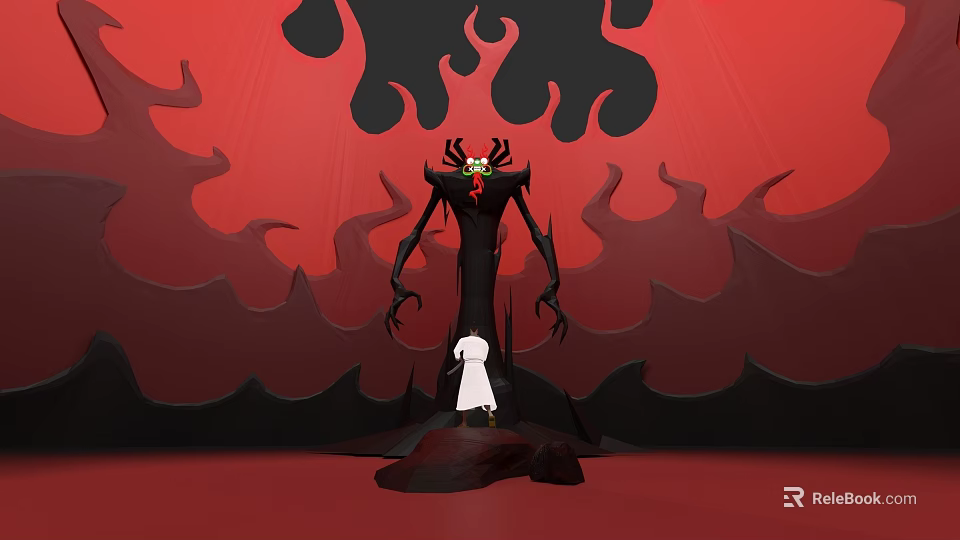 Tall Black Game Movie Character With Horns Long Claws On Red Background Small White Figure 3d model 