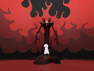 Tall Black Game Movie Character With Horns Long Claws On Red Background Small White Figure 3d model