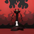 Tall Black Game Movie Character With Horns Long Claws On Red Background Small White Figure