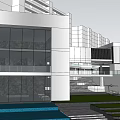 Modern Commercial Complex Architectural Exterior With Glass Curtain Wall Greenery And Water Features
