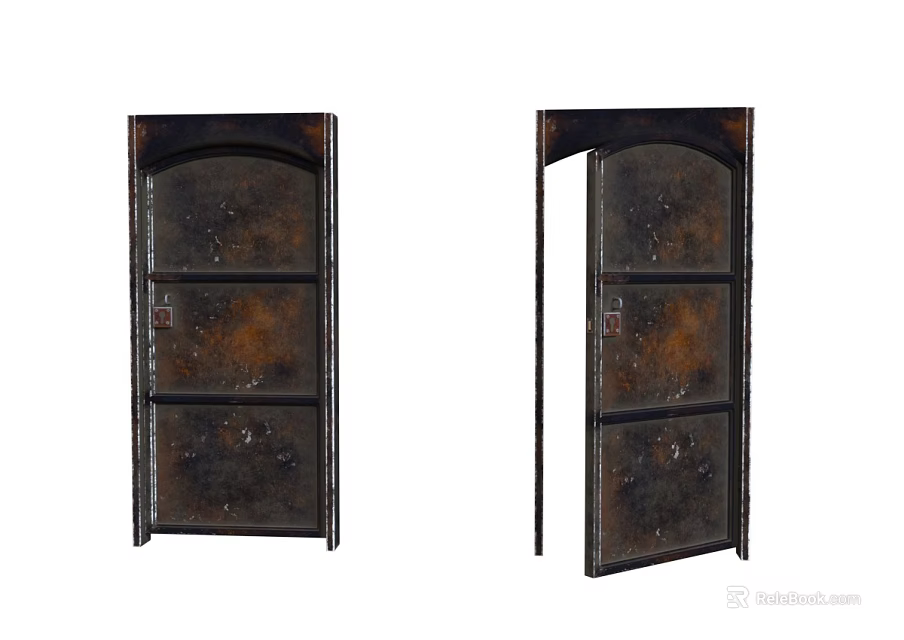 Dark Colored Vintage Industrial Style Doors One Closed One Open With Arched Top Paneled Design 3d model 