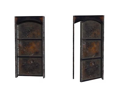 Dark Colored Vintage Industrial Style Doors One Closed One Open With Arched Top Paneled Design 3d model