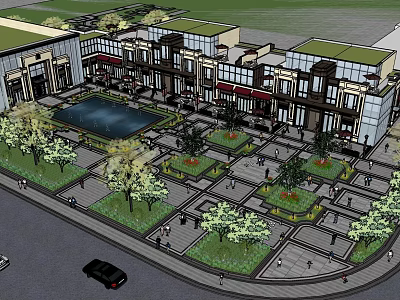 Commercial Plaza Landscape Design With Modern Buildings Greenery And Water Feature 3d model