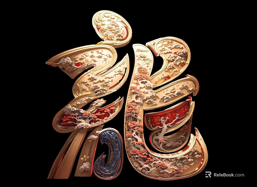Chinese Dragon Character Art With Golden Red Intricate Patterns And Decorative Design 3d model 