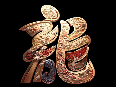 Chinese Dragon Character Art With Golden Red Intricate Patterns And Decorative Design 3d model