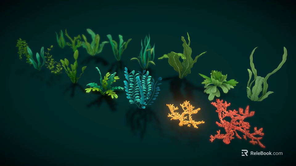 Colorful Aquatic Plants Featuring Various Green Blue Orange Red Seaweed And Coral Like Structures 3d model 