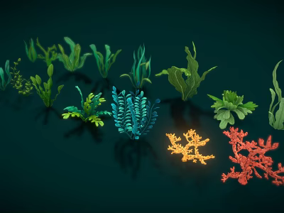 Colorful Aquatic Plants Featuring Various Green Blue Orange Red Seaweed And Coral Like Structures 3d model