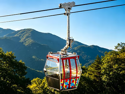 Colorful Cable Car Moving Over Mountain Landscape With Green Trees And Blue Sky 3d model