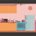 Cartoon Kitchen Interior With Pink Walls Orange Cabinets Blue Oven And Light Blue Refrigerator