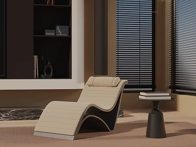 Modern Beige Curved Lounge Chair With Upholstered Design And Side Table Books Near Window Blinds 3d model