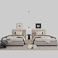 Upholstered Gray Single Beds With Elephant Wall Art Nightstands And Striped Rug Setup