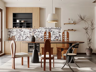 Modern Restaurant With Wooden Cabinets Patterned Tile Backsplash Dining Table Chairs Pendant Light And Plant 3d model