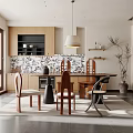 Modern Restaurant With Wooden Cabinets Patterned Tile Backsplash Dining Table Chairs Pendant Light And Plant