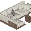 White L Shaped Sectional Sofa with Multiple Cushions Wooden Legs and Side Table Dried Flowers