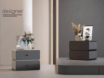 Modern Gray Bedside Table with Two Drawers Red Knobs Flower Vase and Photo Frame 3d model