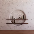 White Textured Wall With Circular Cutout And Dark Floating Shelves Holding Decorative Items And Books