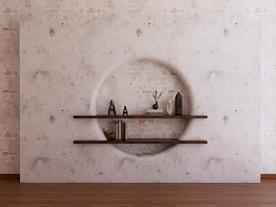 White Textured Wall With Circular Cutout And Dark Floating Shelves Holding Decorative Items And Books 3d model