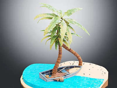 Idyllic Wooden Boat Scene With Palm Tree Water And Sand Beach 3d model