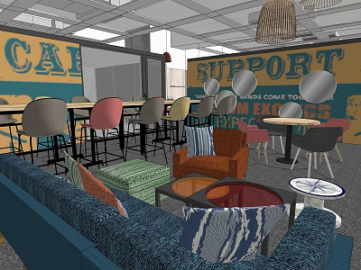 Stylish Lounge Area Interior With Colorful Chairs Sofa Coffee Tables And Decorative Wall Signs 3d model