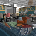 Stylish Lounge Area Interior With Colorful Chairs Sofa Coffee Tables And Decorative Wall Signs