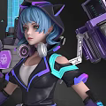 Character With Blue Hair And Cat Ears In Futuristic Purple Black Outfit With Mechanical Headphones
