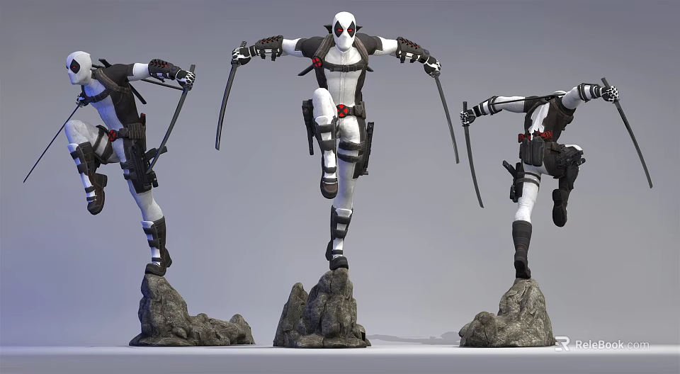 Three Black White Red Action Figures In Jumping Poses With Rock Base And Dual Swords 3d model 
