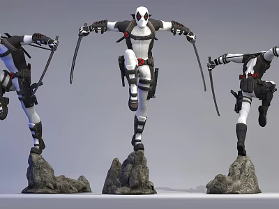 Three Black White Red Action Figures In Jumping Poses With Rock Base And Dual Swords 3d model