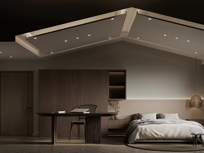 Modern Bedroom Interior Design With Wooden Furniture Bed Desk And Ceiling Lighting 3d model