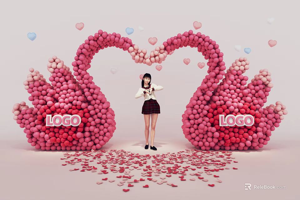 Girl Standing Under Pink Swan Balloon Arch With Heart Decorations And Petals 3d model 