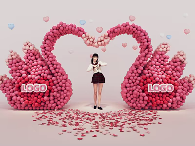 Girl Standing Under Pink Swan Balloon Arch With Heart Decorations And Petals 3d model