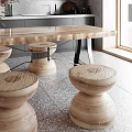 Modern Restaurant Interior With Wooden Table Stone Countertop Metal Lighting And Plant Decor
