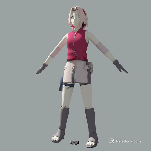 Anime Inspired Doll Featuring Pink Hair Red Vest Gray Shorts Black Gloves And Brown Boots 3d model 