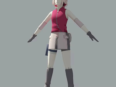 Anime Inspired Doll Featuring Pink Hair Red Vest Gray Shorts Black Gloves And Brown Boots 3d model