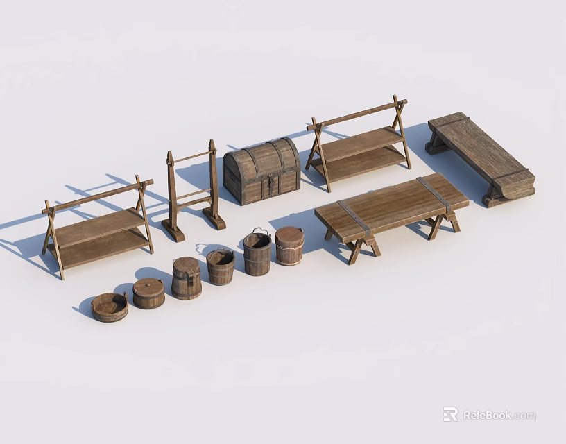 Rustic Wooden Scene Components with Benches Chest Buckets and Stands 3d model